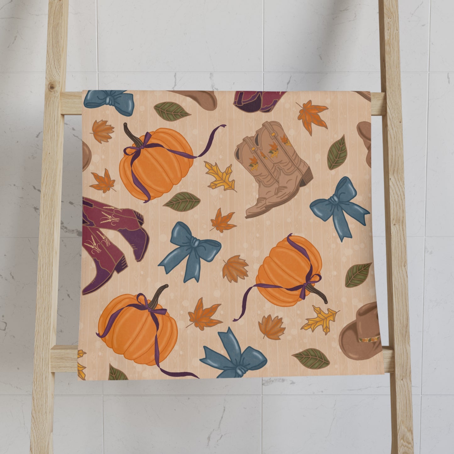Fall-Themed Hand Towel, Autumn Decor, Kitchen Towel, Seasonal Gift, Pumpkin and Boots Design, Thanksgiving, Home decor