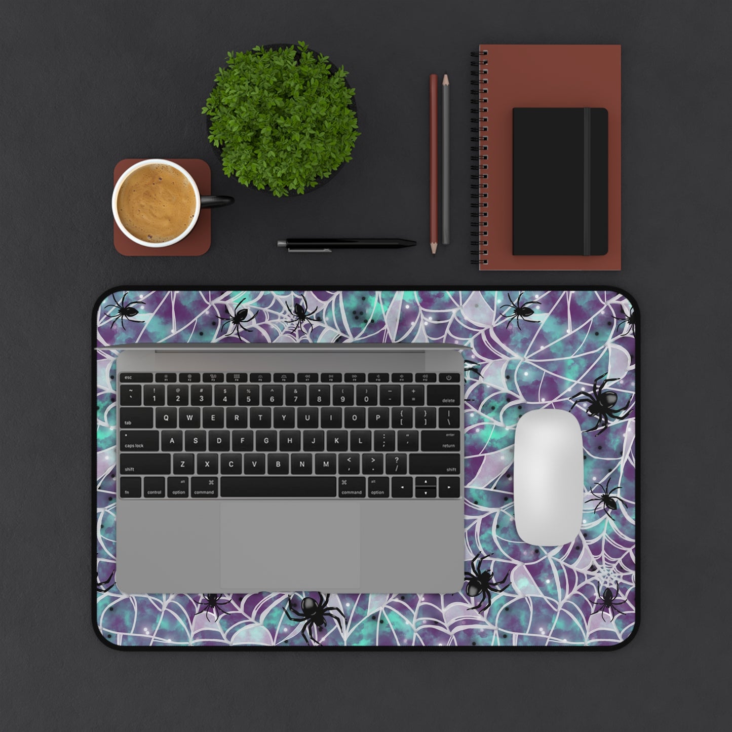 Desk Mat - Spooky Spider Web Pattern - Purple and Turquoise - Halloween Vibes