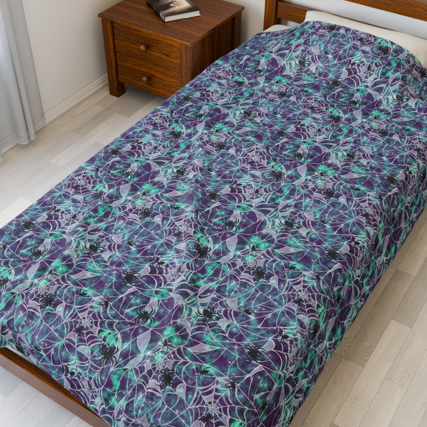Plush Blanket - Spooky Spider Web Pattern in Purple and Turquoise for Halloween