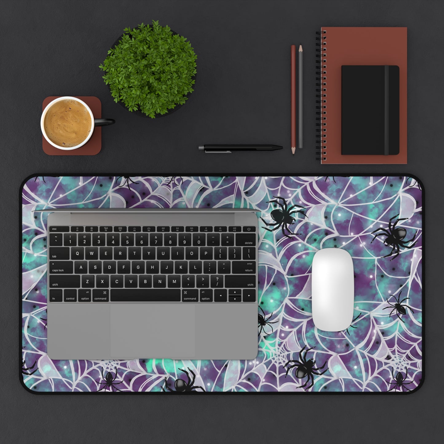 Desk Mat - Spooky Spider Web Pattern - Purple and Turquoise - Halloween Vibes