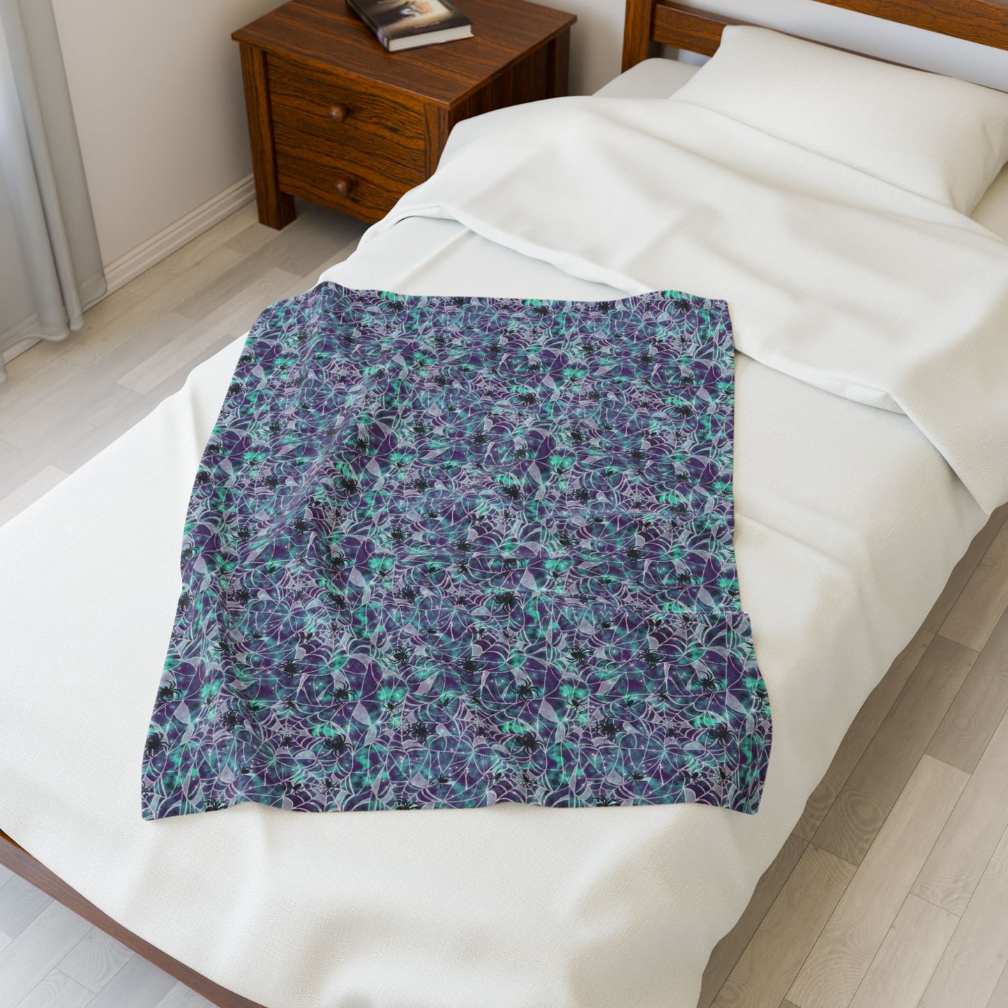 Plush Blanket - Spooky Spider Web Pattern in Purple and Turquoise for Halloween