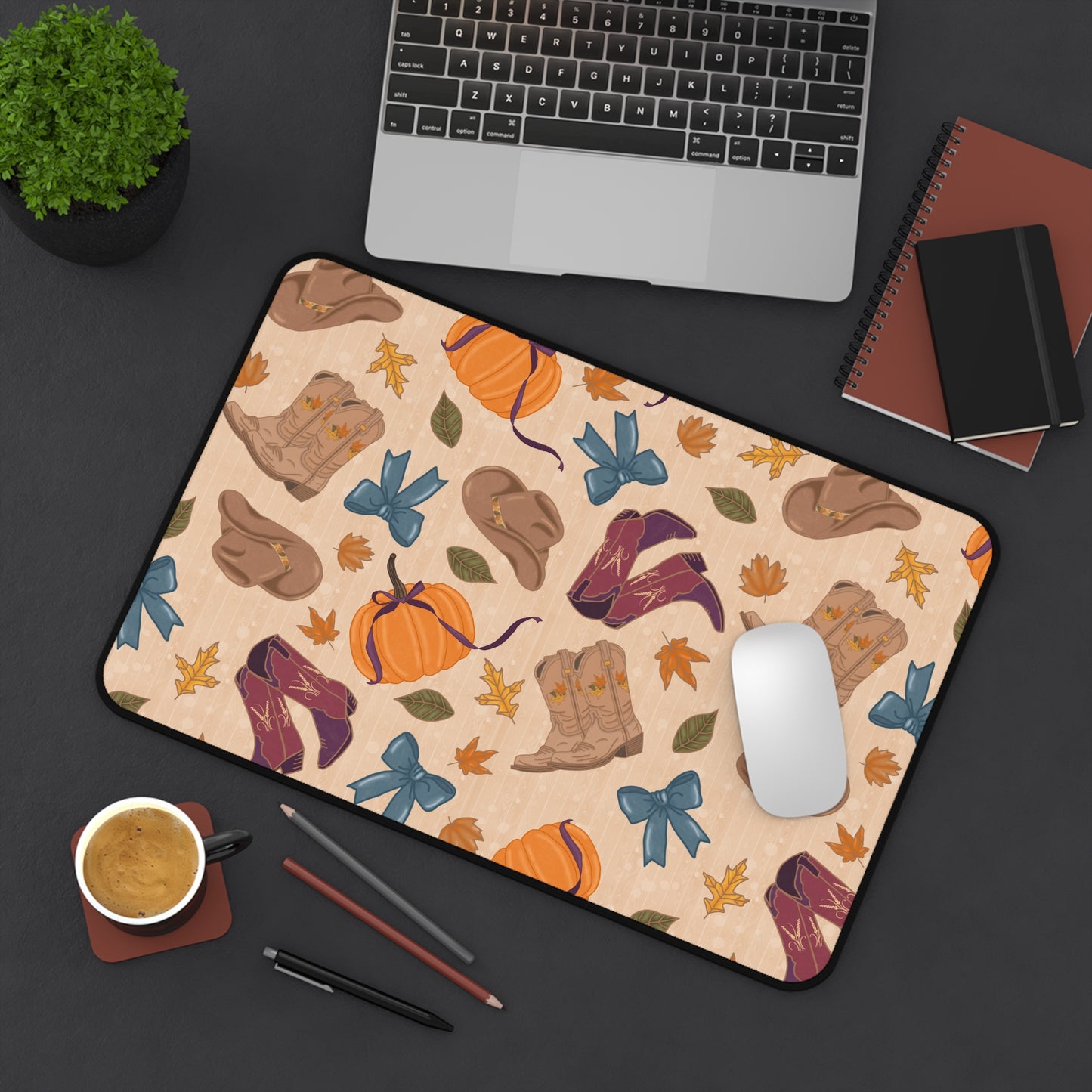 Desk Mat - Autumn Cowgirl Pumpkins and Fall Leaves Design