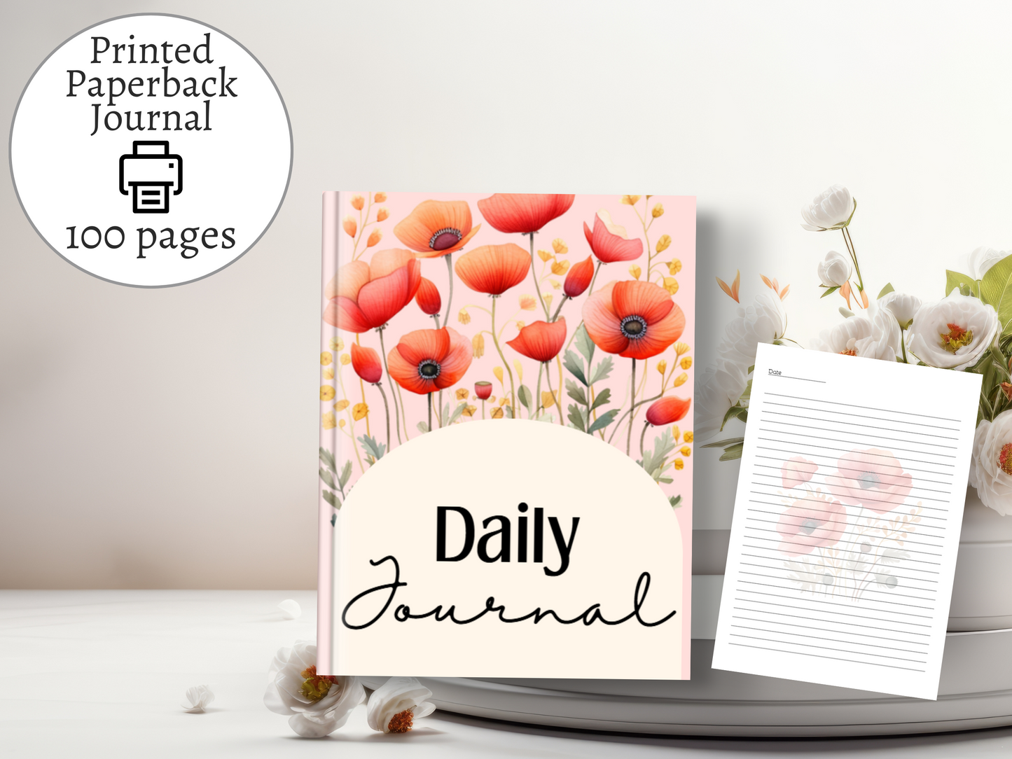 Daily Journal | Self-Reflection & Mindfulness | Printed Journal | Red Poppies