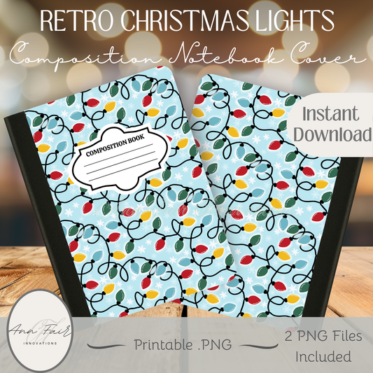 Retro Christmas Lights Composition Notebook Cover | Digital Download PNG | Back to School, Journaling, DIY Custom Notebook, Sticker Paper Cover