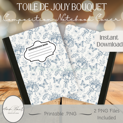 Toile De Jouy Bouquet in Blue Composition Notebook Cover | Digital Download PNG | Back to School, Journaling, DIY Custom Notebook, Sticker Paper Cover