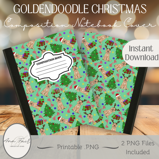 Goldendoodle Christmas Composition Notebook Cover | Digital Download PNG | Back to School, Journaling, DIY Custom Notebook, Sticker Paper Cover
