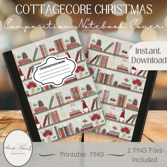 Cottagecore Christmas Bookshelf Composition Notebook Cover | Digital Download PNG | Back to School, Journaling, DIY Custom Notebook, Sticker Paper Cover