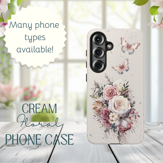 Cream Floral Phone Case - Tough Cases, Decorative Cell Phone Cover, Butterfly Design