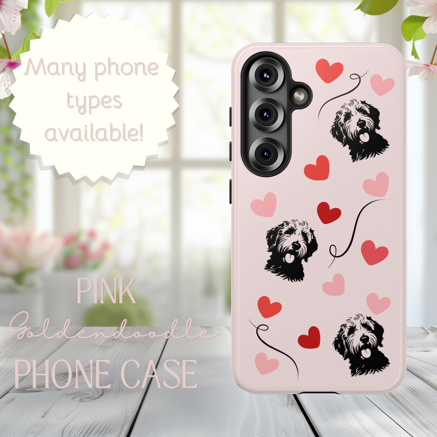 Phone Case - Pink Goldendoodle with Hearts, Fun, Cute Design