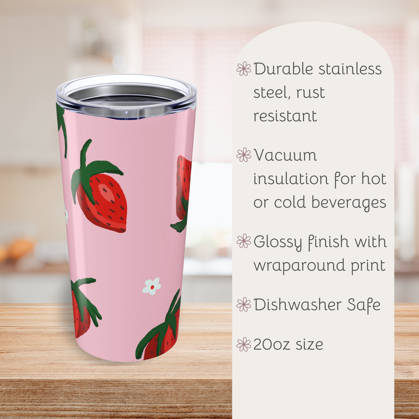 Strawberry Pattern Tumbler, Cute Travel Mug for Summer, Eco-Friendly Drinkware, Gift for Her, Refreshing Beverage Container