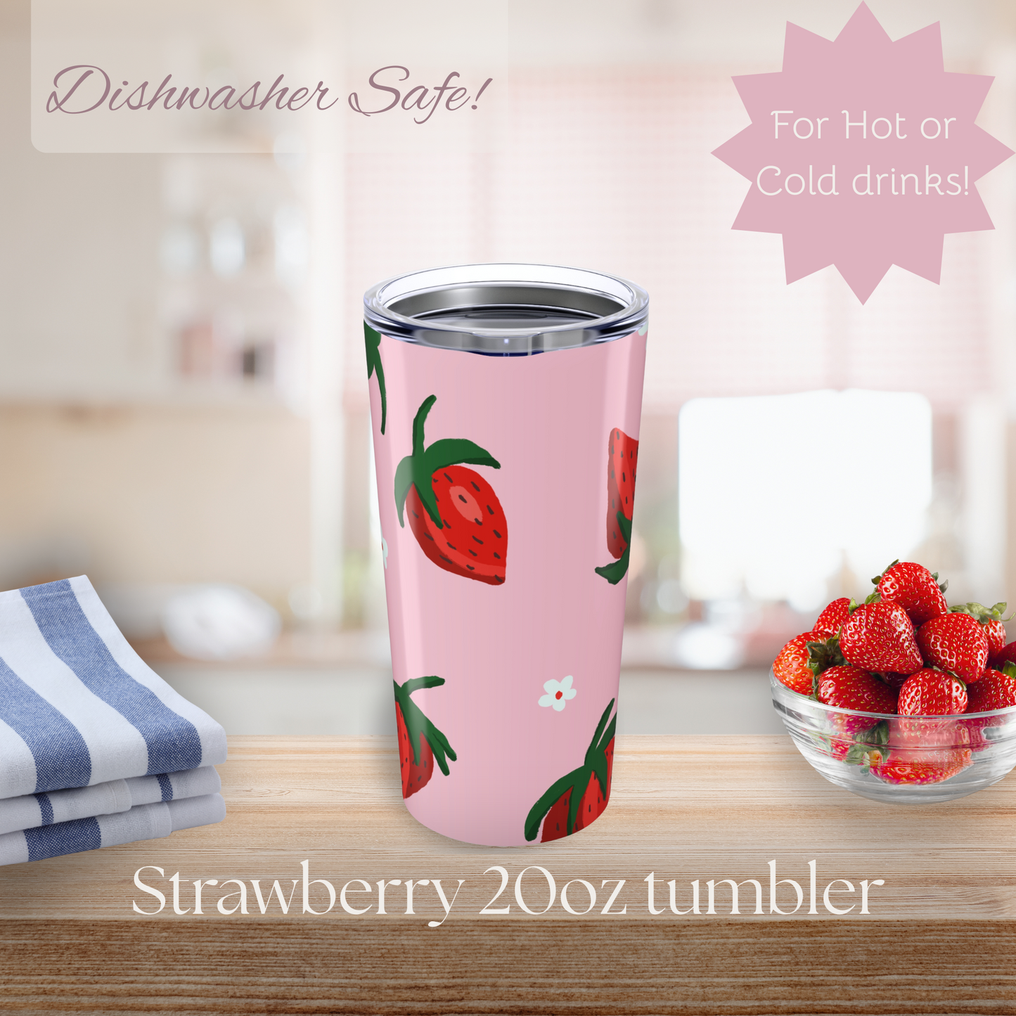 Strawberry Pattern Tumbler, Cute Travel Mug for Summer, Eco-Friendly Drinkware, Gift for Her, Refreshing Beverage Container