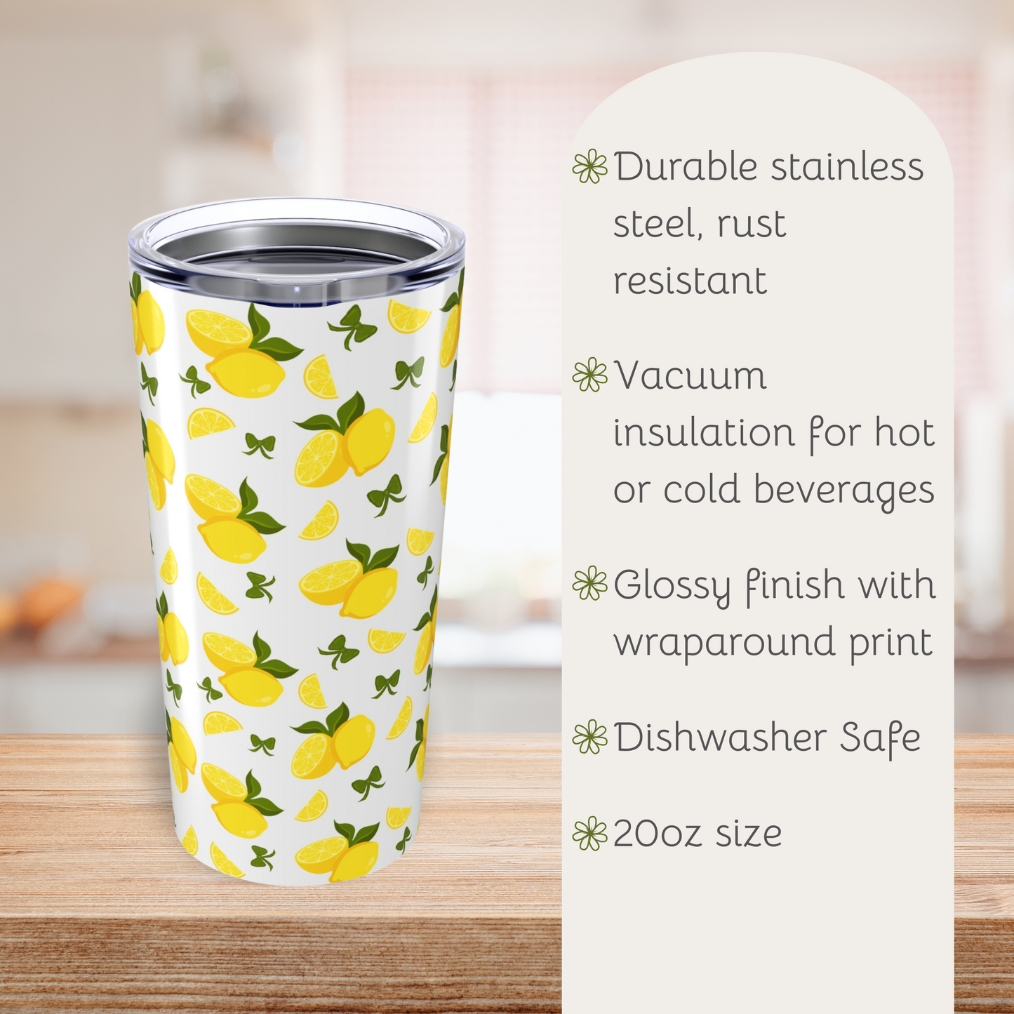 Lemons and Bows Pattern Tumbler, Cute Travel Mug for Summer, Eco-Friendly Drinkware, Gift for Her, Refreshing Beverage Container