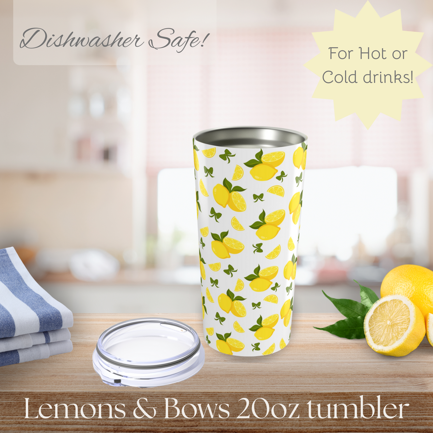 Lemons and Bows Pattern Tumbler, Cute Travel Mug for Summer, Eco-Friendly Drinkware, Gift for Her, Refreshing Beverage Container