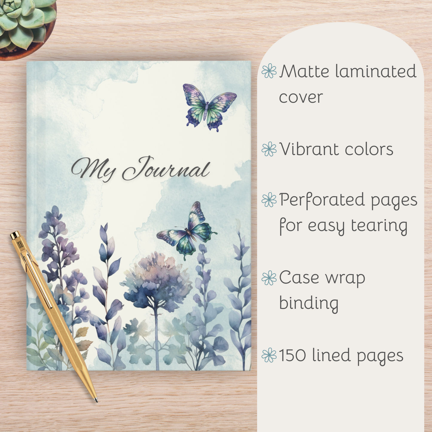 Blue Butterflies Floral Hardcover Journal, Nature Inspired Notebook, Artistic Diary, Eco-Friendly Journal