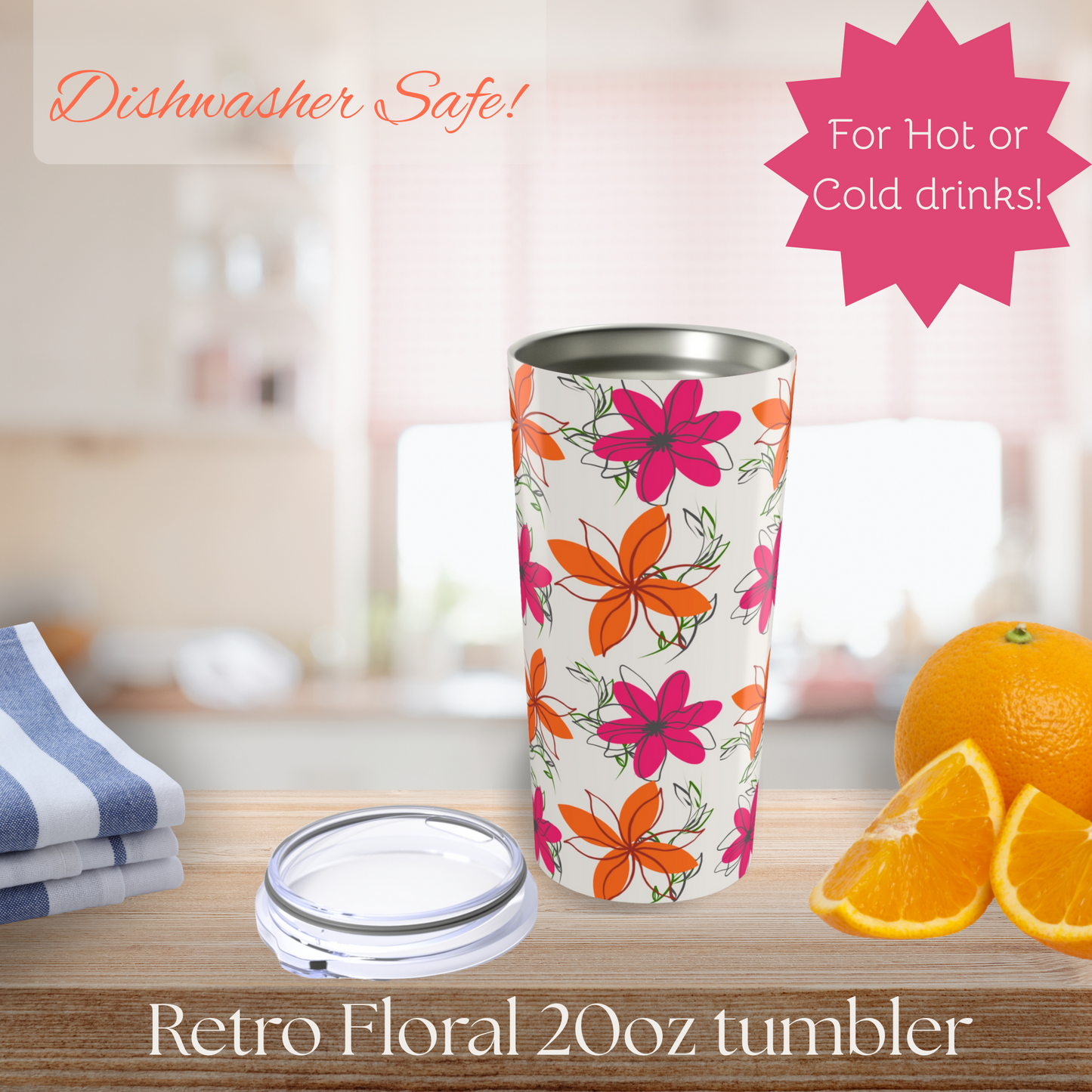 Retro Floral Pattern Tumbler, Cute Travel Mug for Summer, Eco-Friendly Drinkware, Gift for Her, Refreshing Beverage Container