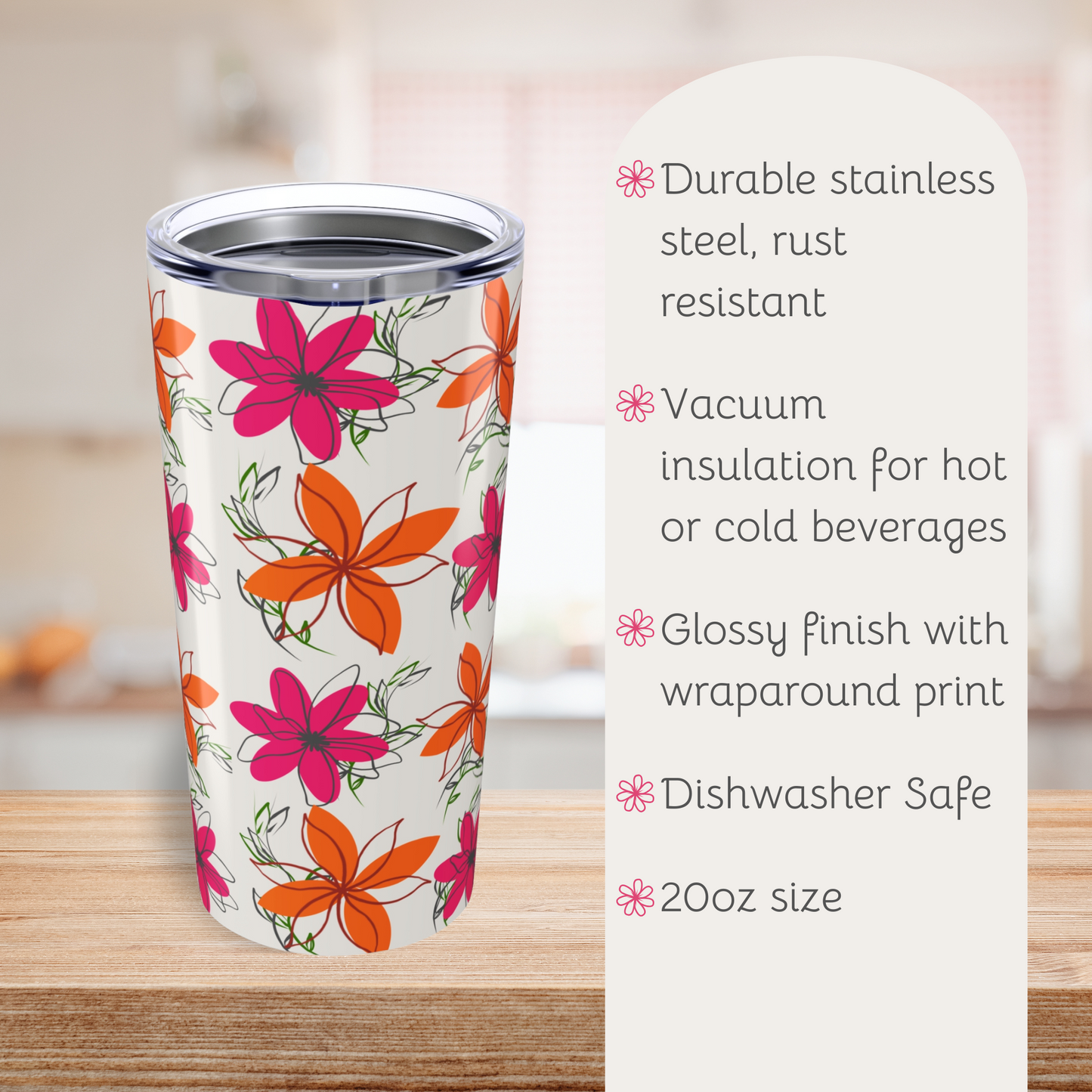Retro Floral Pattern Tumbler, Cute Travel Mug for Summer, Eco-Friendly Drinkware, Gift for Her, Refreshing Beverage Container