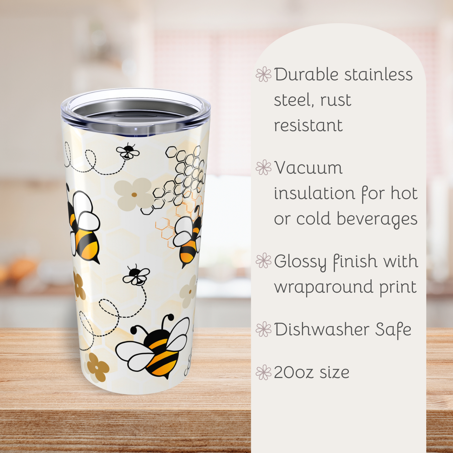 Bees and Honeycomb Pattern Tumbler, Cute Travel Mug for Summer, Eco-Friendly Drinkware, Gift for Her, Refreshing Beverage Container