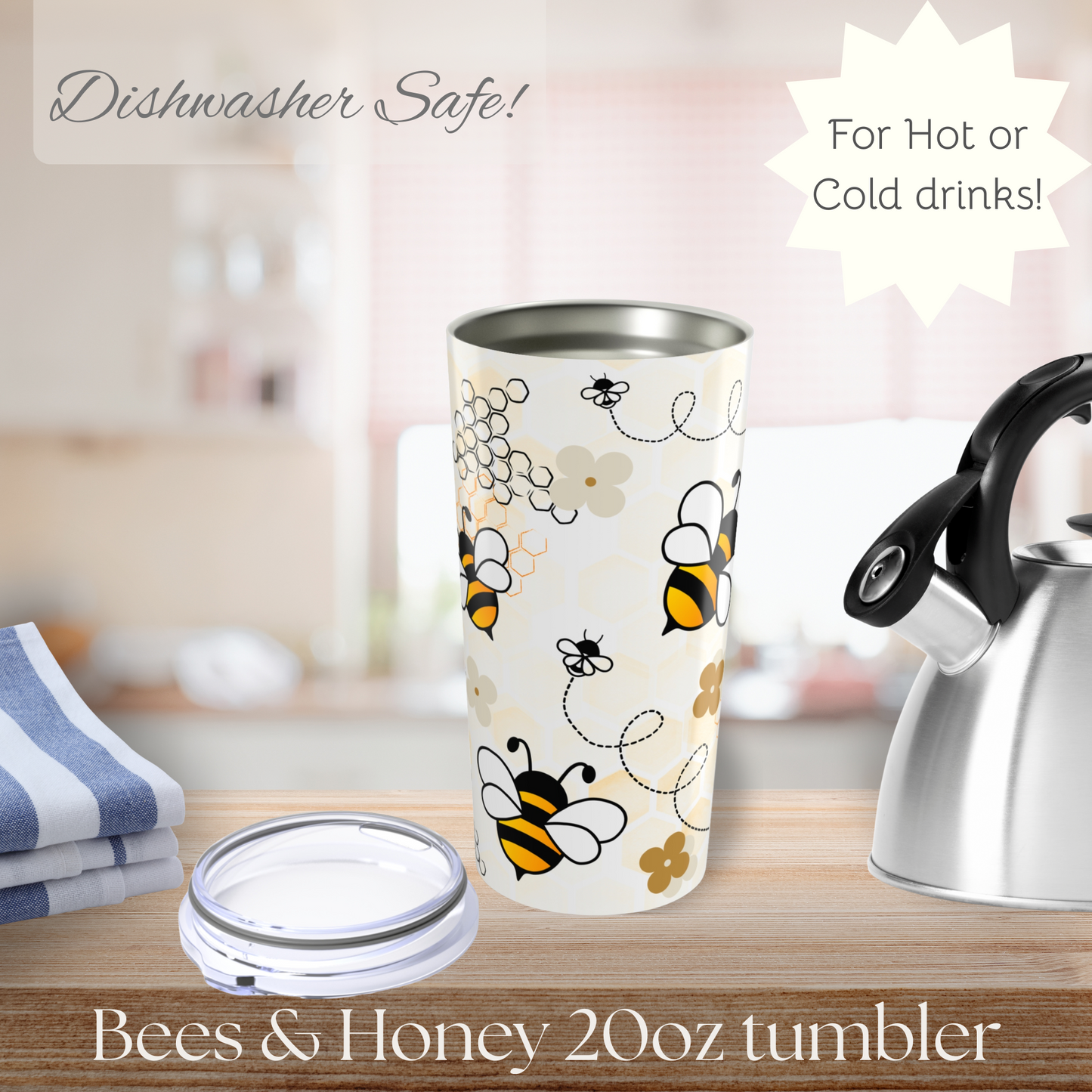 Bees and Honeycomb Pattern Tumbler, Cute Travel Mug for Summer, Eco-Friendly Drinkware, Gift for Her, Refreshing Beverage Container