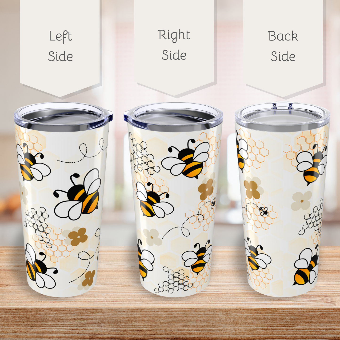 Bees and Honeycomb Pattern Tumbler, Cute Travel Mug for Summer, Eco-Friendly Drinkware, Gift for Her, Refreshing Beverage Container