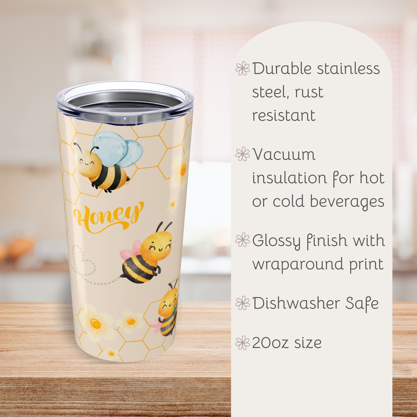 Cute Bees Pattern Tumbler, Cute Travel Mug for Summer, Eco-Friendly Drinkware, Gift for Her, Refreshing Beverage Container