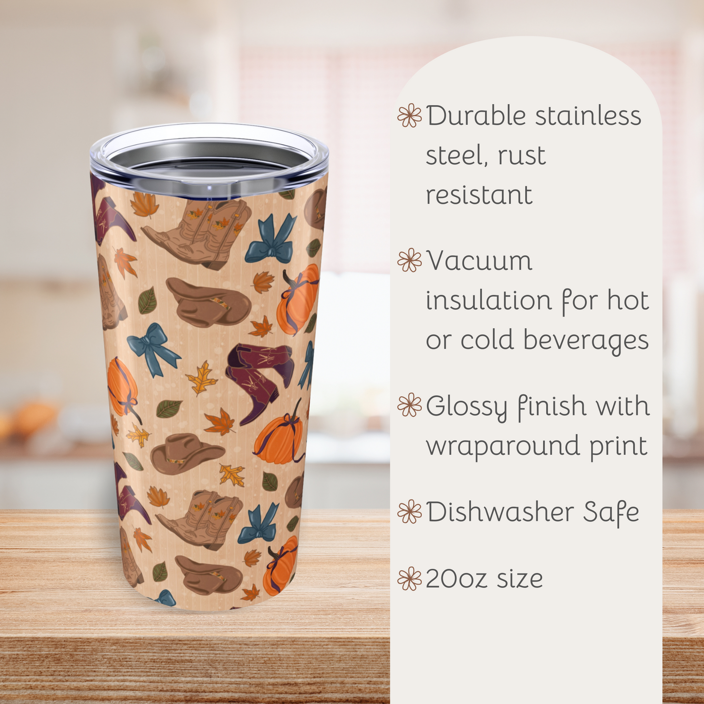 Autumn Cowgirl Tumbler 20oz - Fall Coffee Mug, Seasonal Travel Tumbler, Thanksgiving Gift, Pumpkin Spice, Cozy Vibes
