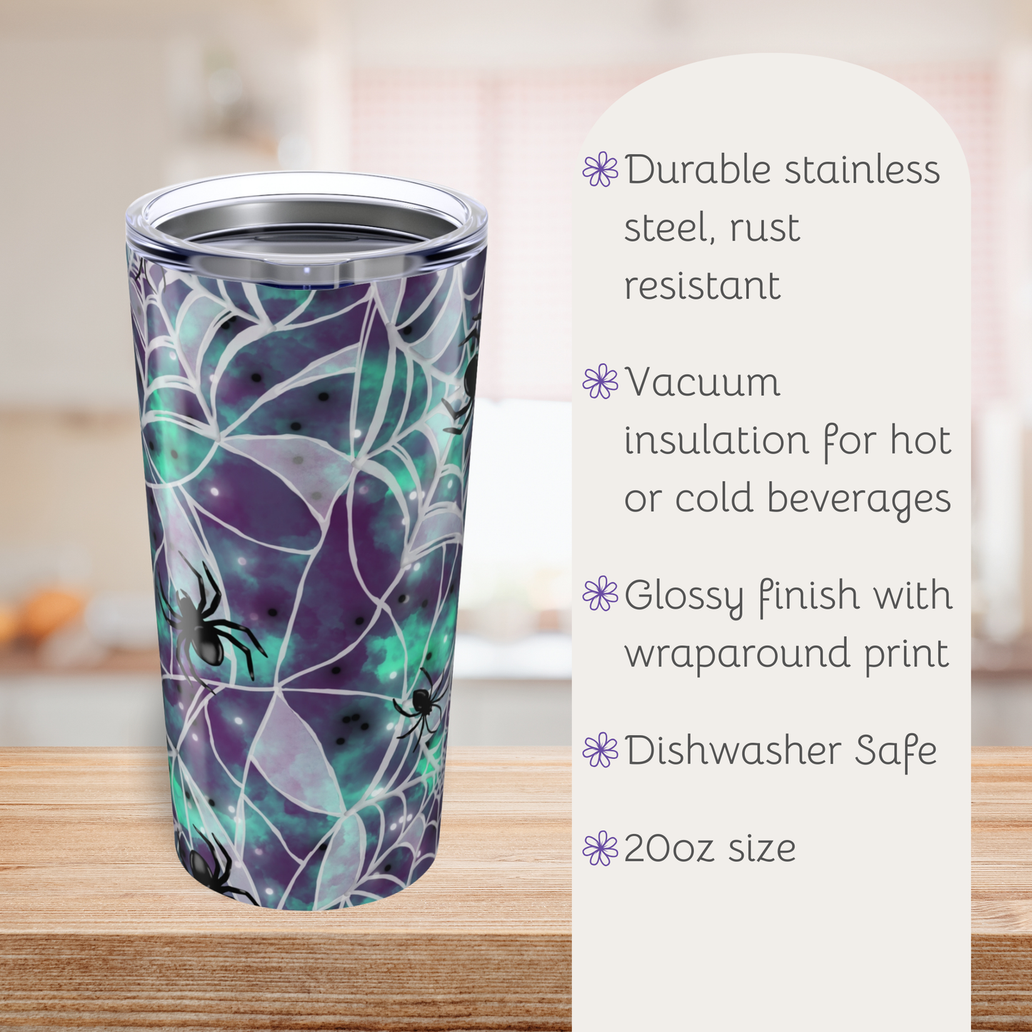 Tumbler 20oz Spooky Spider Webs Purple Turquoise Halloween Vibes