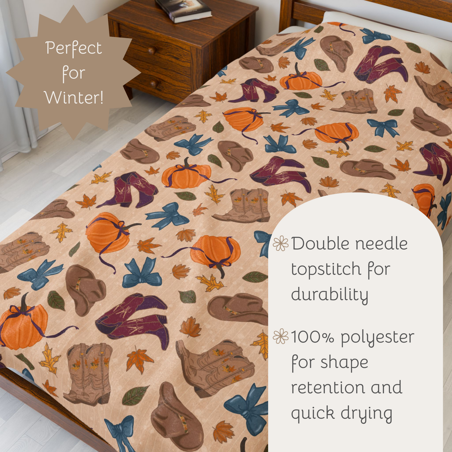 Autumn Cowgirl Boots and Pumpkins Velveteen Plush Blanket