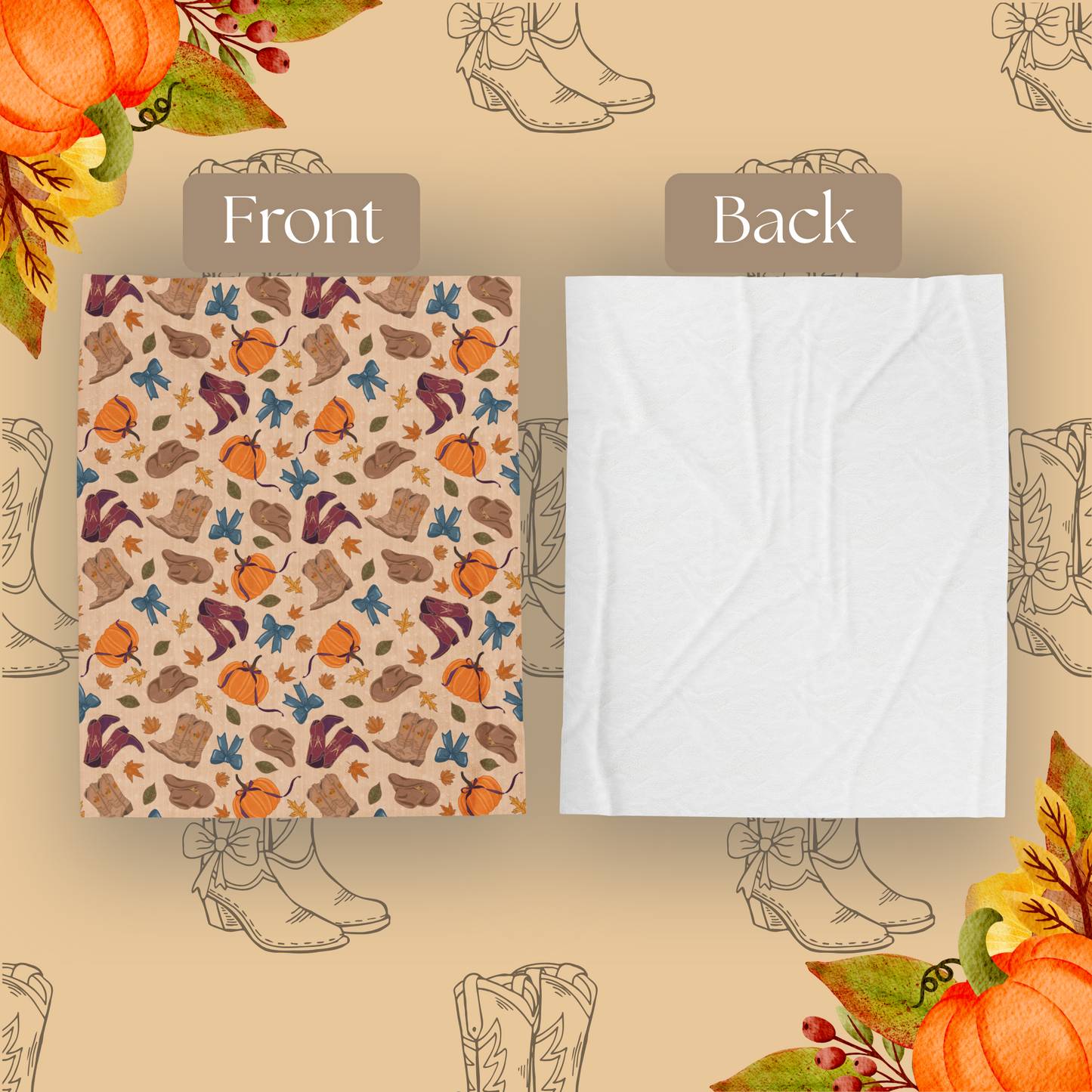 Autumn Cowgirl Boots and Pumpkins Velveteen Plush Blanket