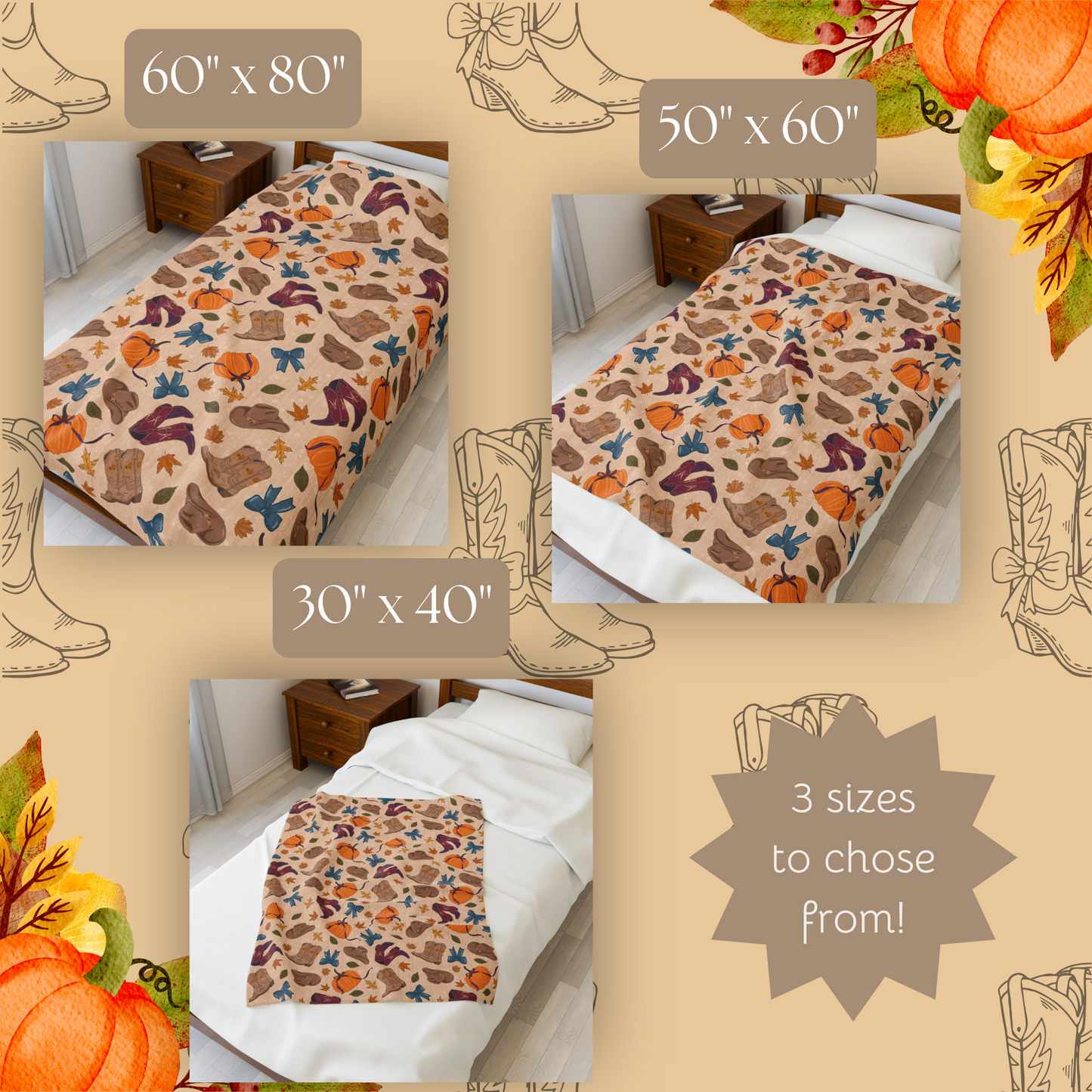 Autumn Cowgirl Boots and Pumpkins Velveteen Plush Blanket