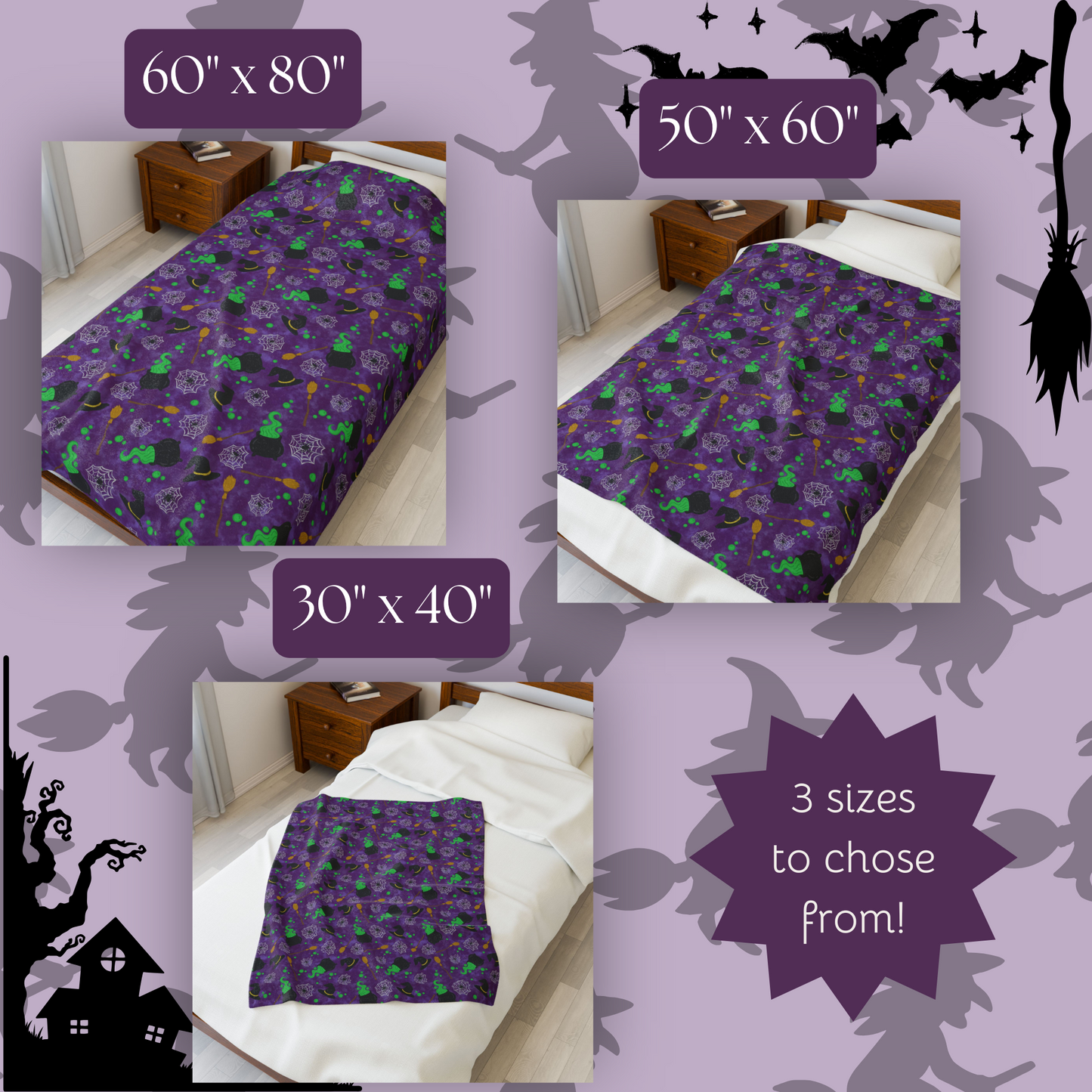 Plush Blanket - Witches Brew with Witches Hat, Broom, Cauldron, Spiders, and Webs