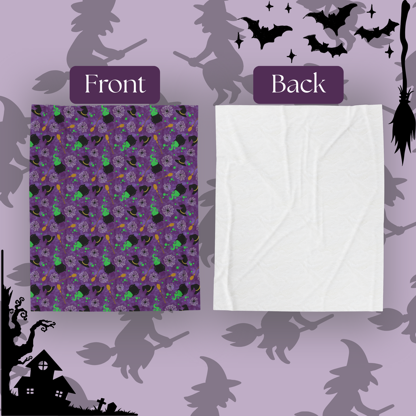 Plush Blanket - Witches Brew with Witches Hat, Broom, Cauldron, Spiders, and Webs