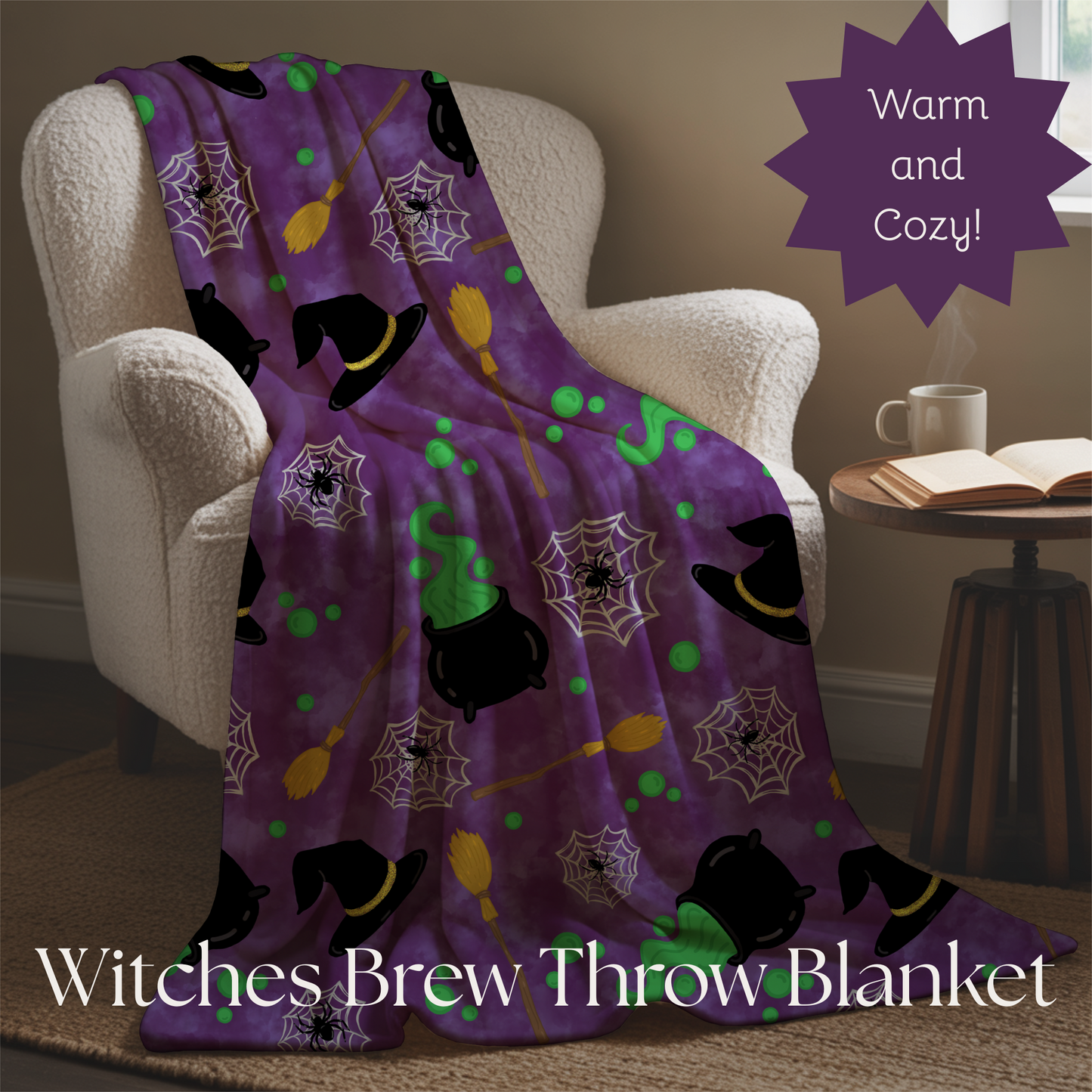 Plush Blanket - Witches Brew with Witches Hat, Broom, Cauldron, Spiders, and Webs