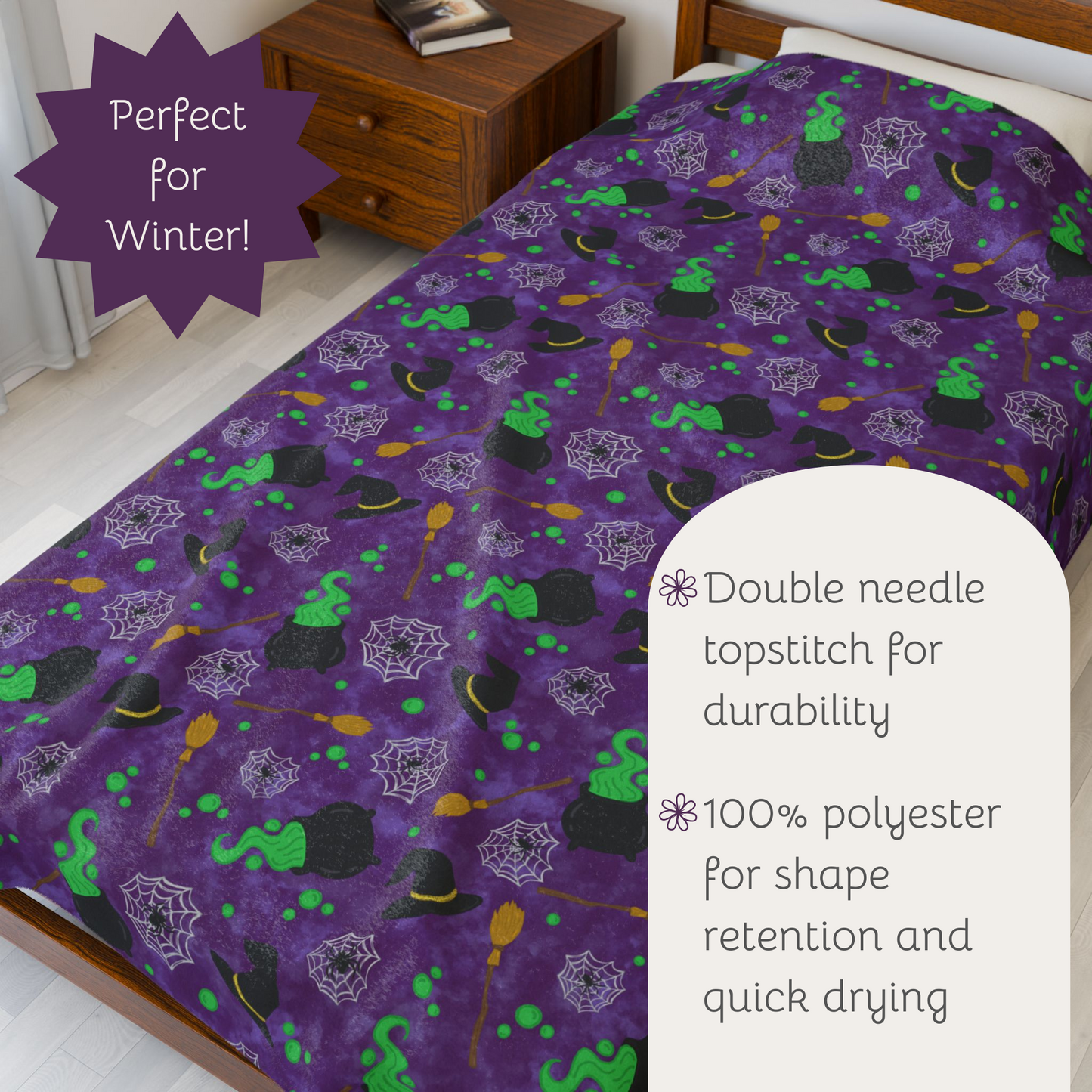 Plush Blanket - Witches Brew with Witches Hat, Broom, Cauldron, Spiders, and Webs
