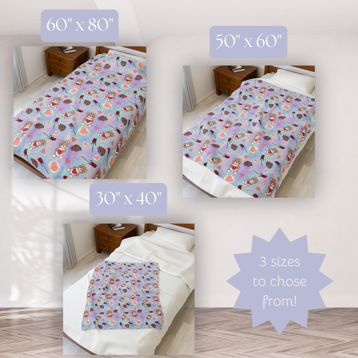 Teddy Bear Valentines Plush Blanket, Love Heart Roses Chocolate Strawberries, Holiday Decor Throw, Gift for Her, Cute Bedroom Decor