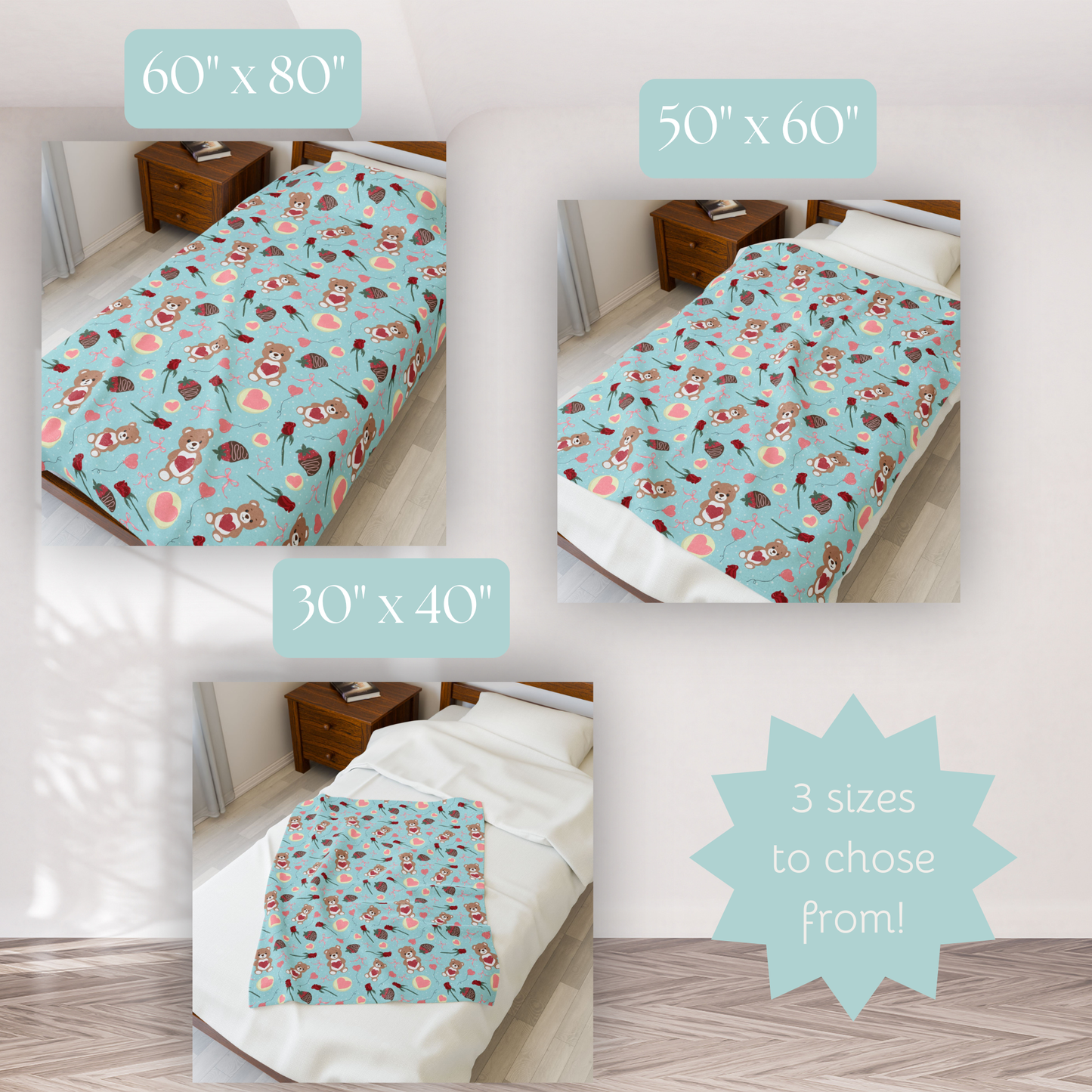 Teddy Bear Valentines Plush Blanket blue background, Love Heart Roses Chocolate Strawberries, Holiday Decor Throw, Cute Bedroom Decor
