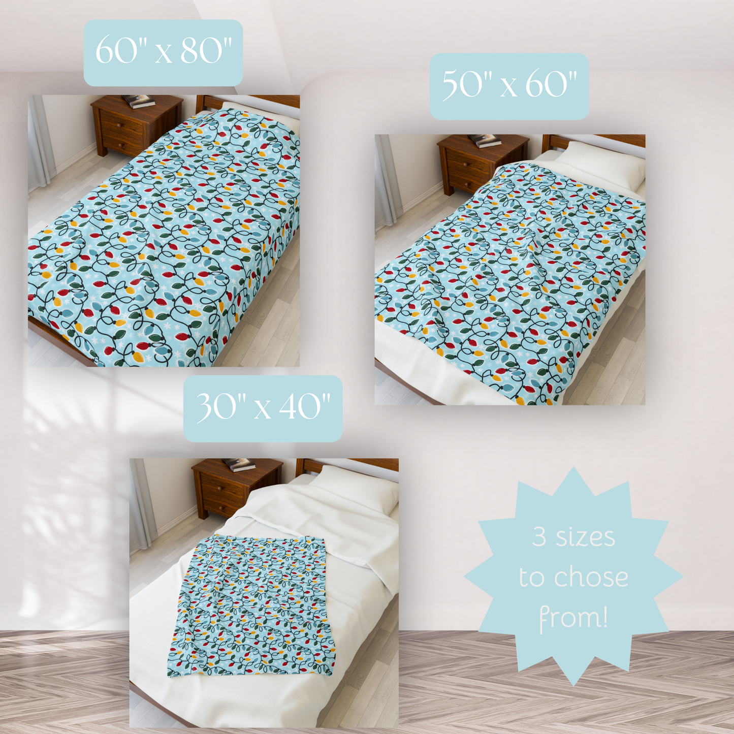 Retro Christmas Lights Plush Blanket, Holiday Decor Throw, Nostalgic Winter Blanket, Snowflake Bedding