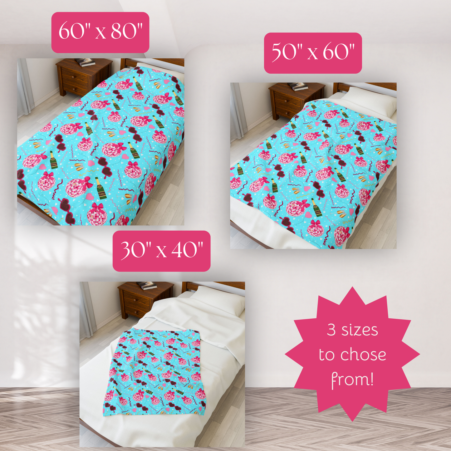 Disco Valentine Blue Velveteen Plush Blanket, Fun Cute Super Soft Blanket, Valentine party