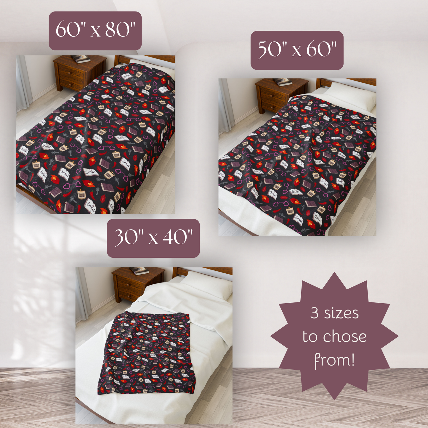 My Smutty Valentine Plush Blanket, Dark Romance Throw, Dark Love Decor, Heart Handcuffs, Flaming Hearts, Red Lips, Hot Peppers