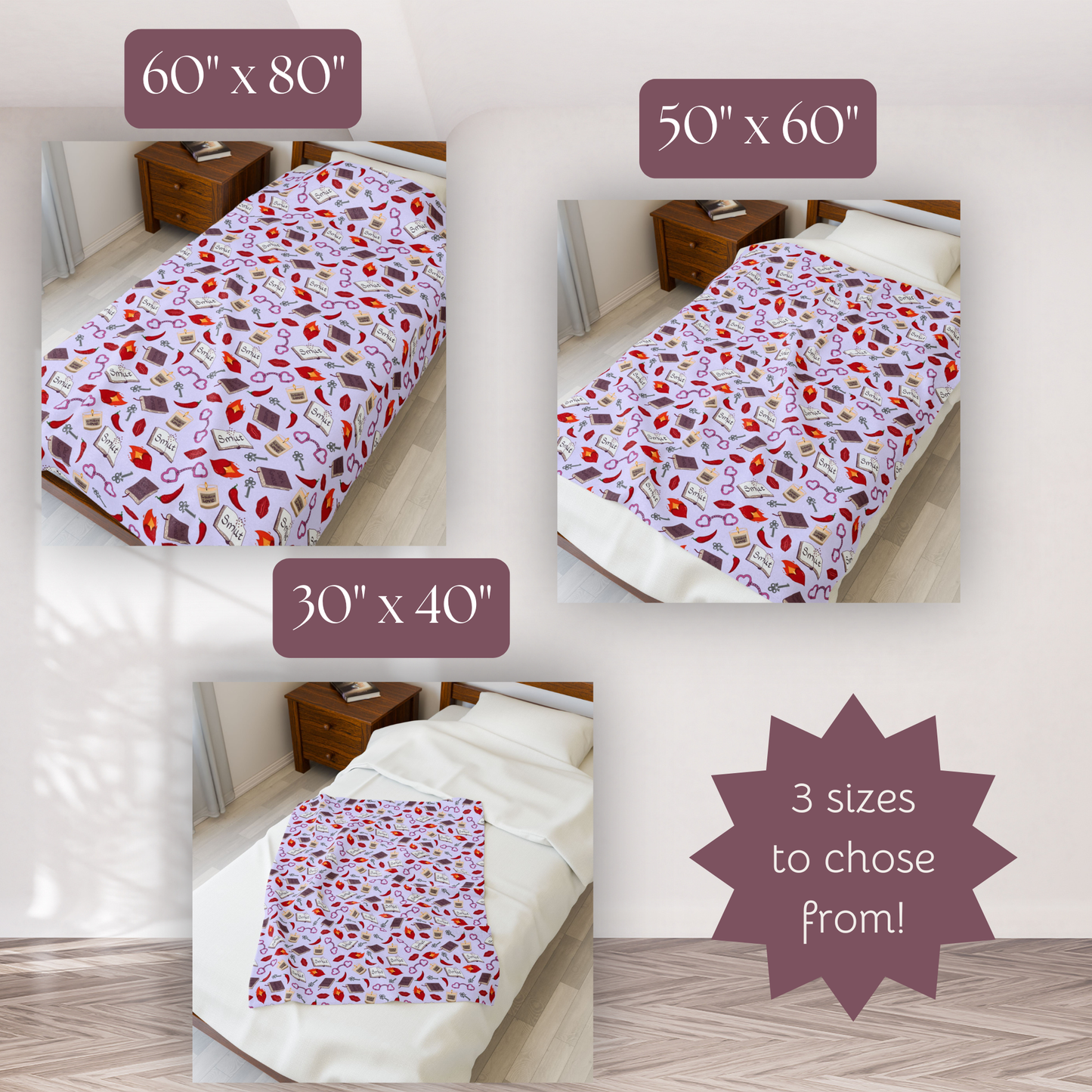 My Smutty Valentine Plush Blanket, Dark Romance Throw, Dark Love Decor, Heart Handcuffs, Flaming Hearts, Red Lips, Hot Peppers