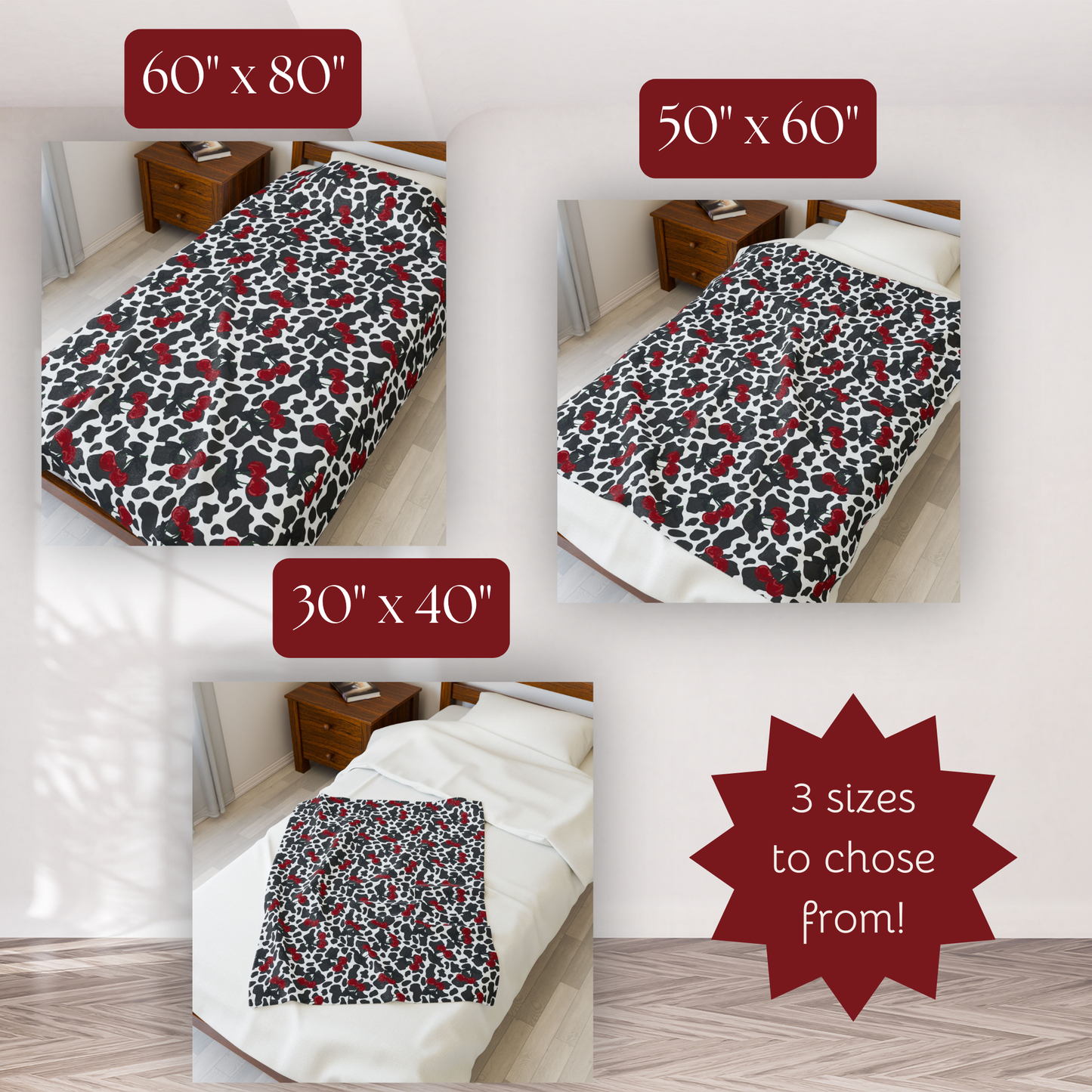 Cow Print and Cherries with Pretty Bows Velveteen Plush Blanket - Boujee Fun Cute Home Decor, Throw Blanket