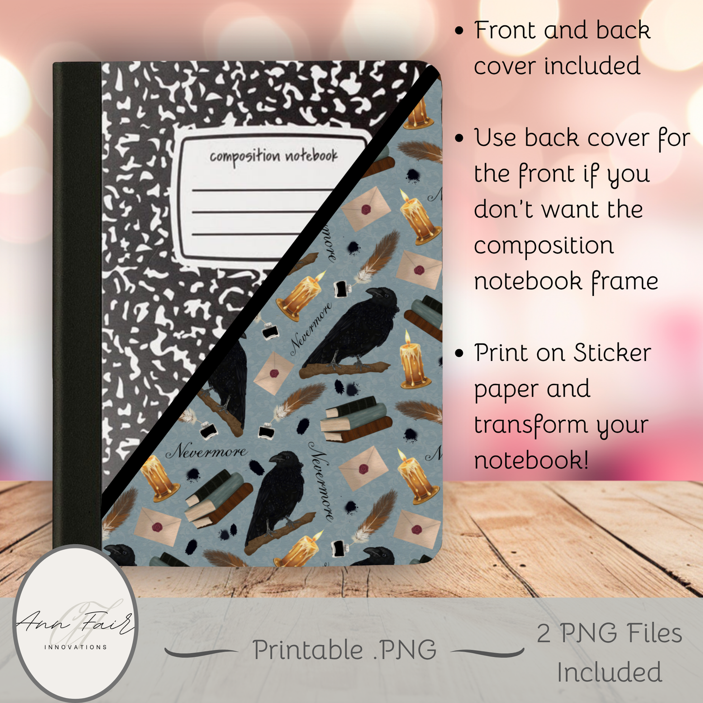 Nevermore in  Blue Composition Notebook Cover | Digital Download PNG | Back to School, Journaling, DIY Custom Notebook, Sticker Paper Cover