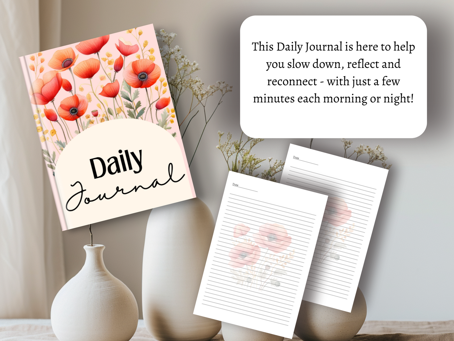 Daily Journal | Self-Reflection & Mindfulness | Printed Journal | Red Poppies