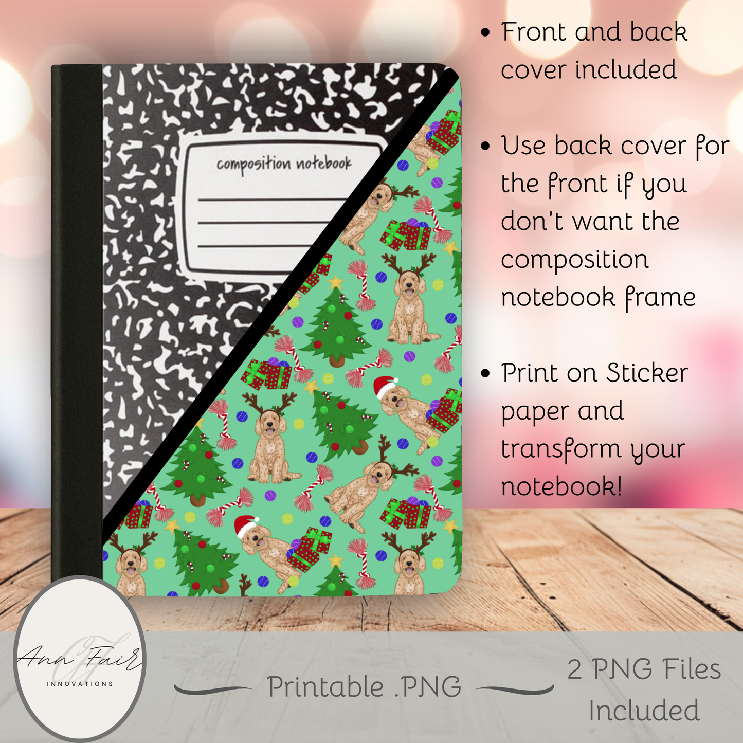 Goldendoodle Christmas Composition Notebook Cover | Digital Download PNG | Back to School, Journaling, DIY Custom Notebook, Sticker Paper Cover