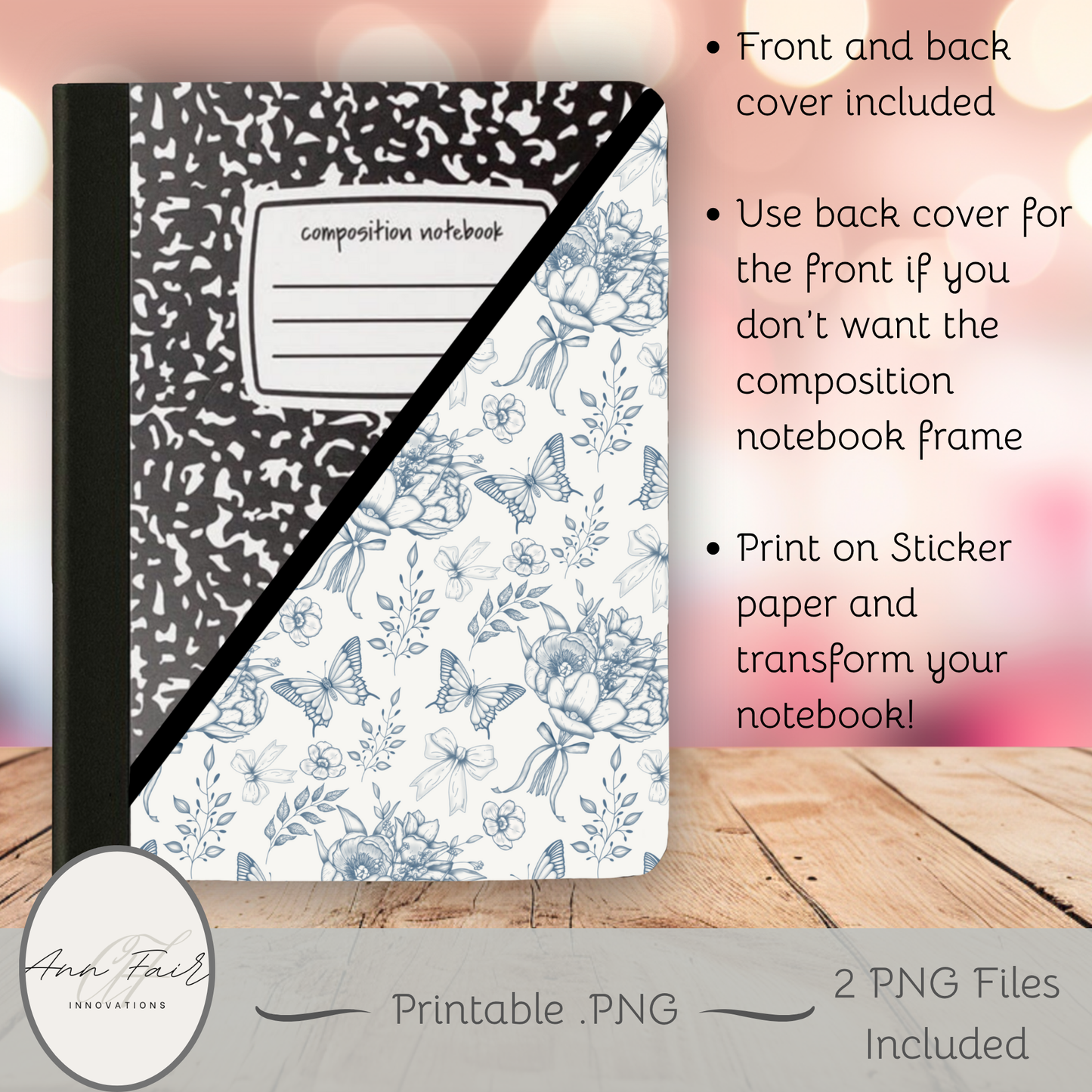 Toile De Jouy Bouquet in Blue Composition Notebook Cover | Digital Download PNG | Back to School, Journaling, DIY Custom Notebook, Sticker Paper Cover