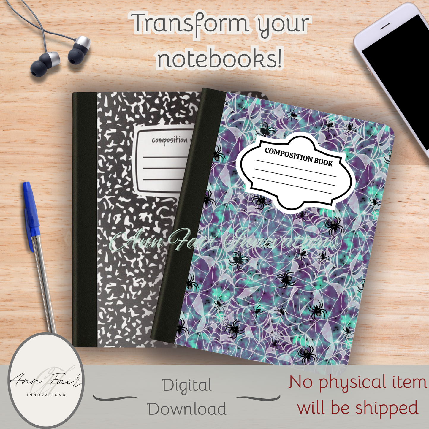 Spooky Spider Webs Printable Composition Notebook Cover | Digital Download PNG | Back to School, Journaling, DIY Custom Notebook, Sticker Paper Cover