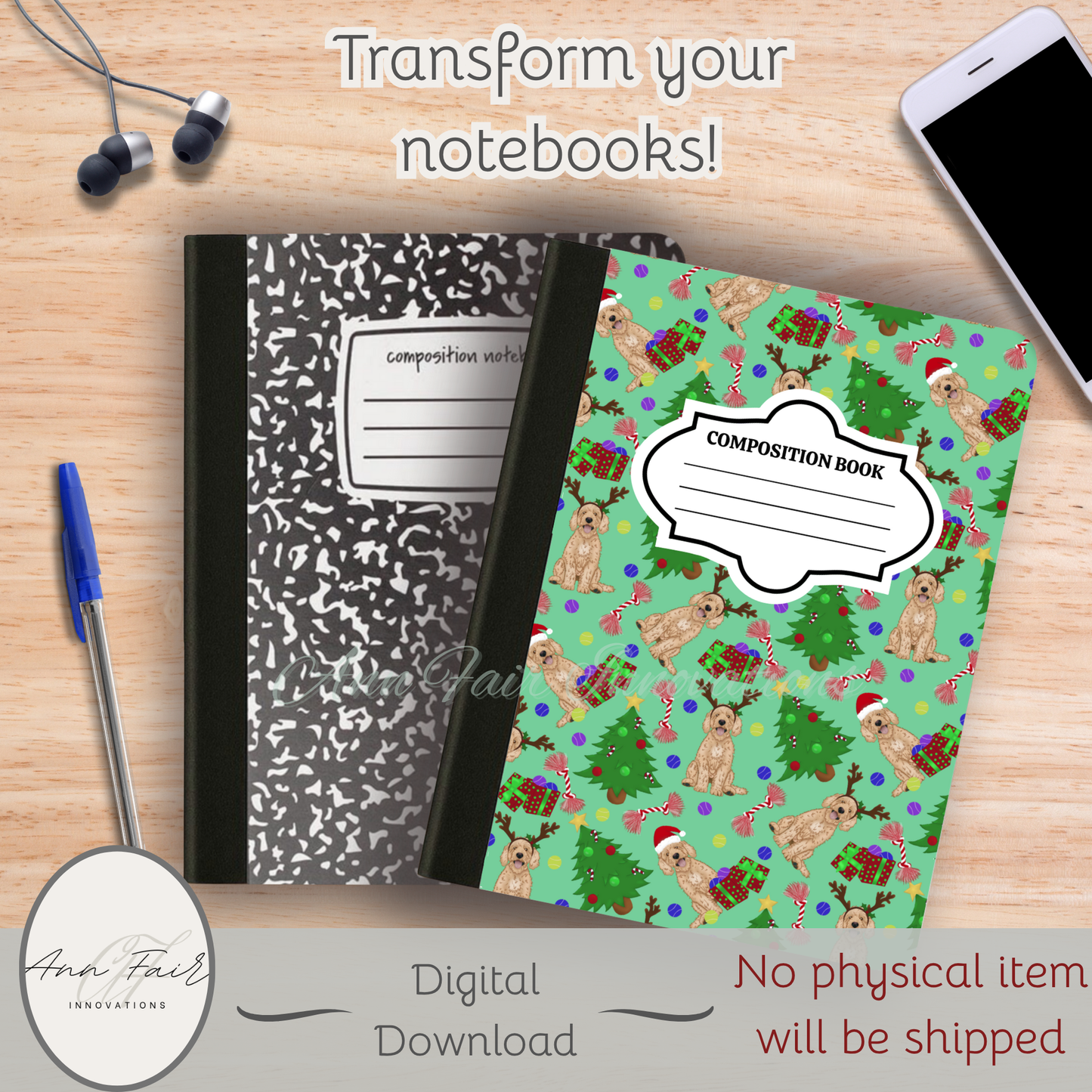 Goldendoodle Christmas Composition Notebook Cover | Digital Download PNG | Back to School, Journaling, DIY Custom Notebook, Sticker Paper Cover