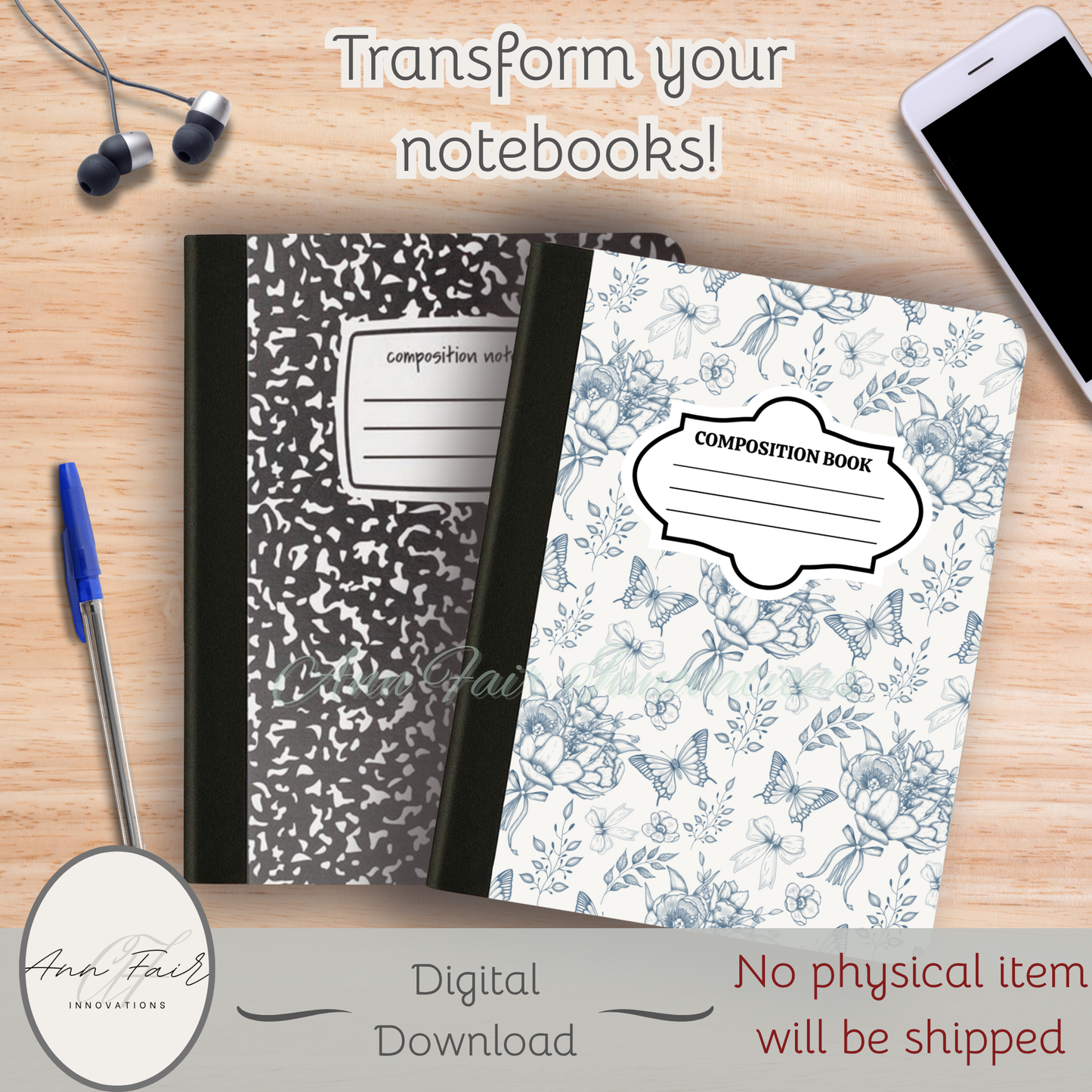 Toile De Jouy Bouquet in Blue Composition Notebook Cover | Digital Download PNG | Back to School, Journaling, DIY Custom Notebook, Sticker Paper Cover