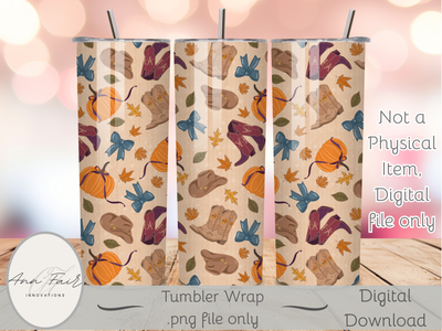 Autumn Cowgirl Seamless PNG 20oz Skinny Tumbler Wrap | Sublimation 300 DPI Straight Tumbler Wrap | PNG Digital Wrap Digital Download
