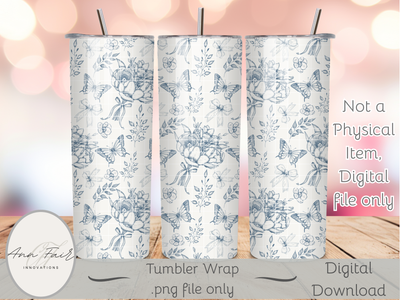 Toile De Jouy Bouquet in blue Seamless PNG 20oz Skinny Tumbler Wrap | Sublimation 300 DPI Straight Tumbler Wrap | PNG Digital Wrap Digital Download