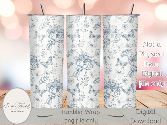 Toile De Jouy Bouquet in blue Seamless PNG 20oz Skinny Tumbler Wrap | Sublimation 300 DPI Straight Tumbler Wrap | PNG Digital Wrap Digital Download